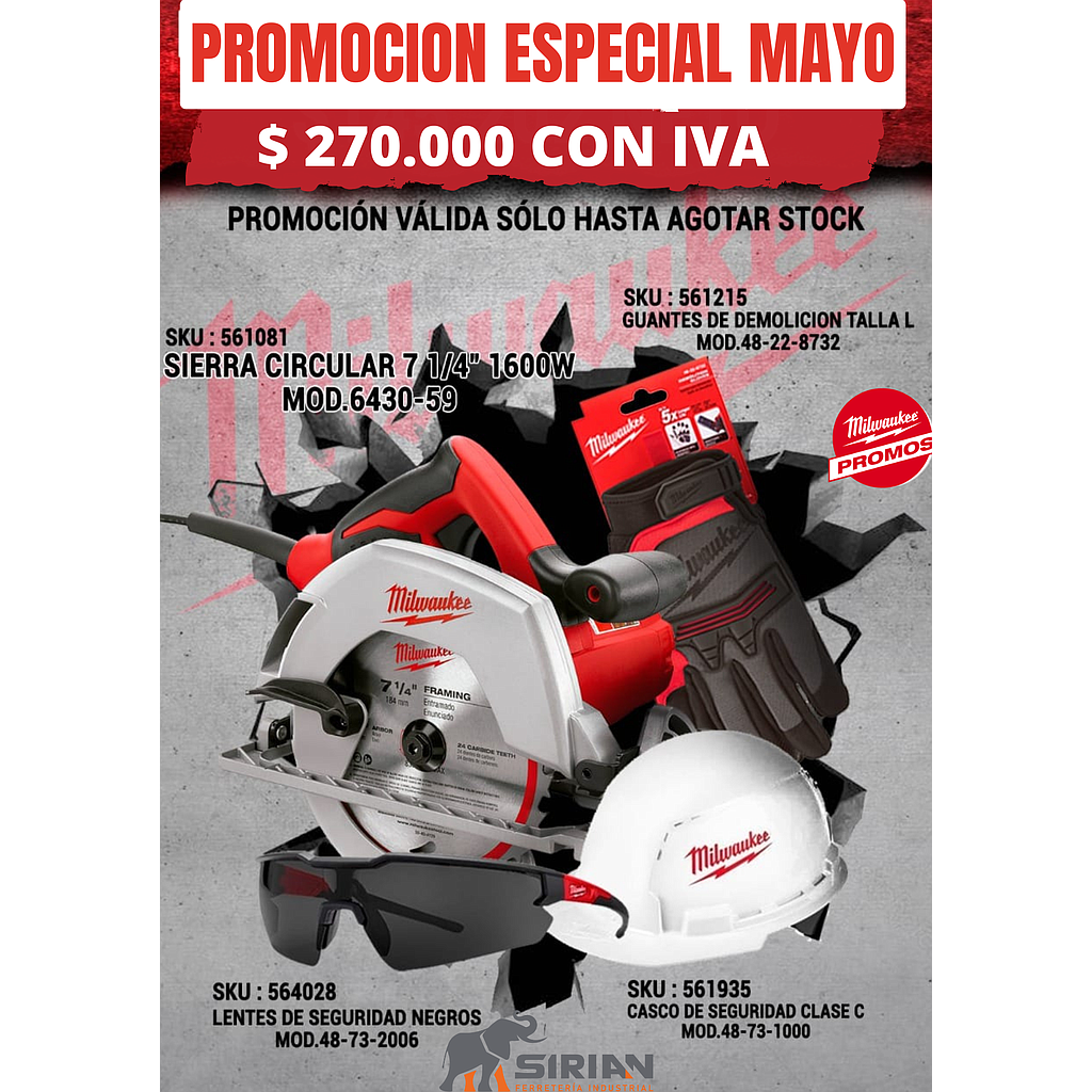SIERRA CIRCULAR + GUANTES + CASCO + LENTES MILWAUKEE